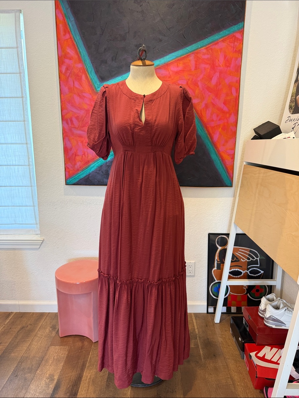 Maeve by Anthropologie XA Rust Red Tiered Maxi Dress - Elegant Puff Sleeve